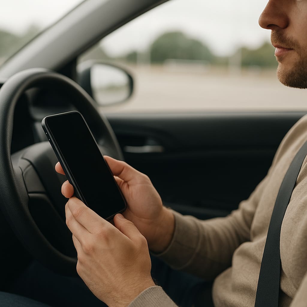 Fahrerin mit Smartphone im geparkten Auto zur digitalen Vignettenplanung