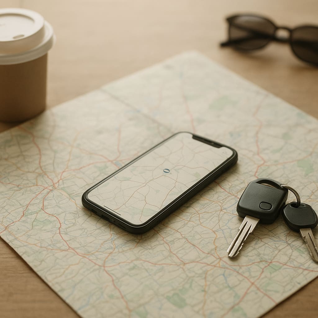 Reiseplanung mit Karte, Smartphone und Autoschlüsseln